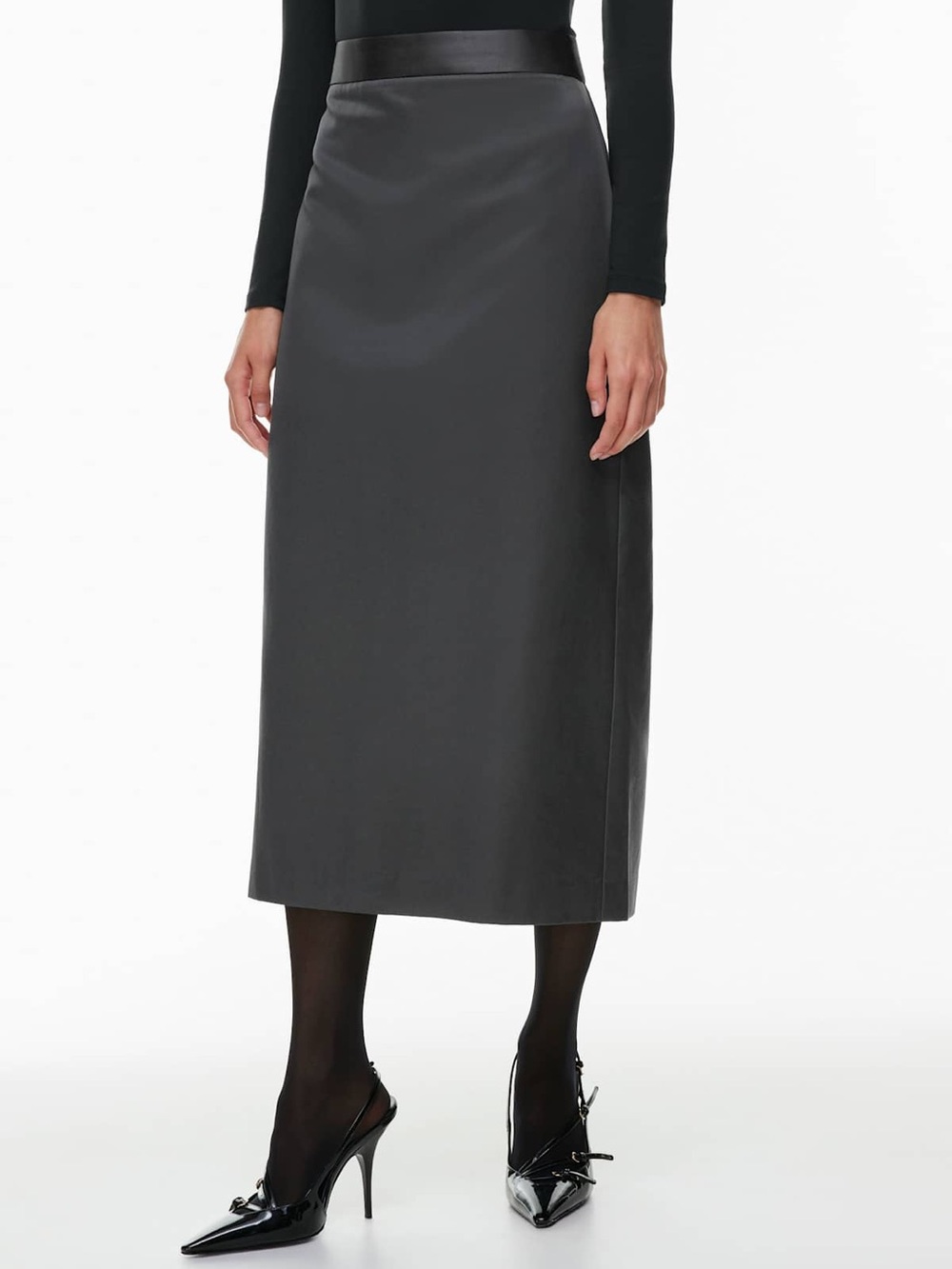 Aritzia Charcoal Gray Satin-Waist Midi Pencil Skirt